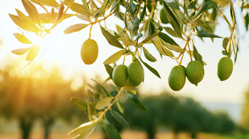 Sunlit Olive Branch with Ripe Green Olives