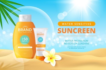 Sunscreen bottles realistic ad Free Vector