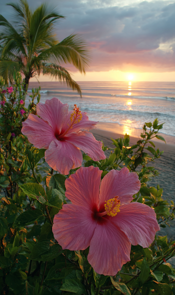 Sunset Beach with Pink Hibiscus Flowers