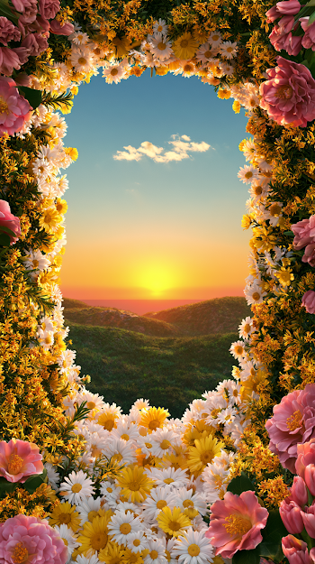 Sunset Framed by Blossoming Flowers