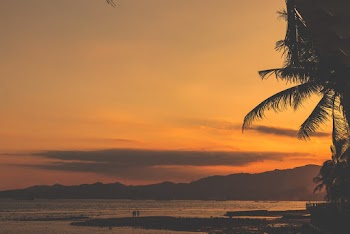 Sunset over Beach With People and Coconut Palm Trees
