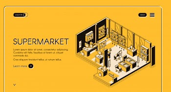Supermarket isometric landing page empty store interior Free Vector