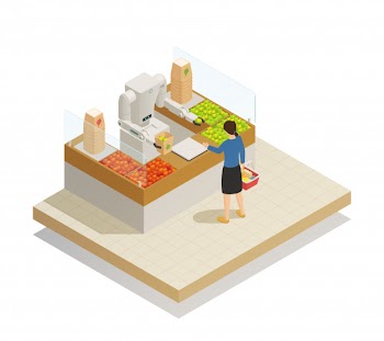 Supermarket robotic technology isometric composition Free Vector