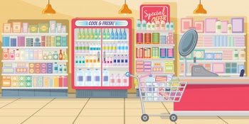 Supermarket with food shelves illustration Free Vector