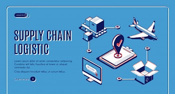 Supply chain logistic isometric landing page, airplane cargo transportation, goods delivery process Free Vector