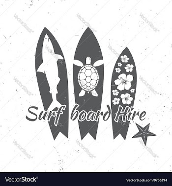  					Surf board hire concept Summer surfing retro badge vector image														
