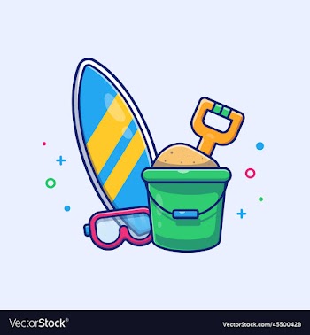 surfboard snorkel sand and bucket cartoon