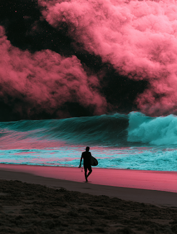 Surfer Walking Along Neon Beach