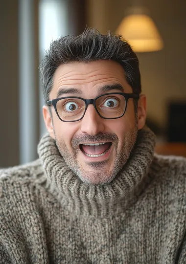 Surprised man in glasses and sweater smiling indoors with soft lighting Surprised man in glasses and sweater smiling indoors with soft lighting