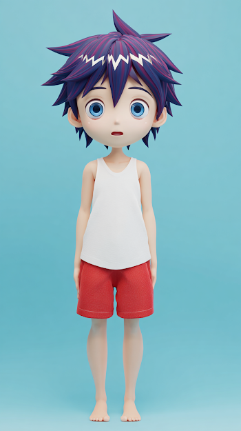 Surprised Young Anime Boy Character 3D Render