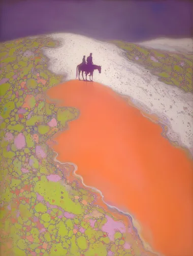 Surreal Aerial View of a Horseman in a Misty Landscape Surreal Aerial View of a Horseman in a Misty Landscape