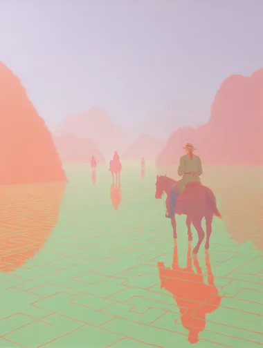 Surreal Aerial View of a Horseman in Misty Landscape Surreal Aerial View of a Horseman in Misty Landscape