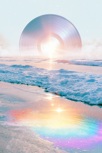 Surreal Beach Scene with Vinyl Record Rising from Ocean