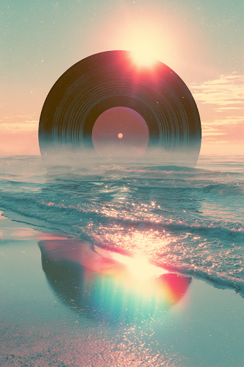 Surreal Beach Sunset with Vinyl Record