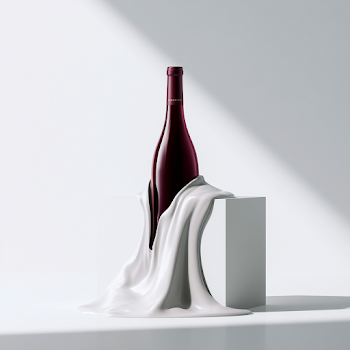 Surreal Burgundy Bottle Melting on White Table