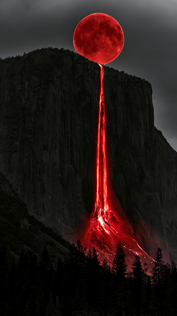 Surreal Cliffscape with Luminous Red Moon