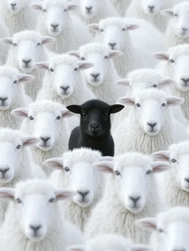 Surreal Contrast: A Black Lamb Among a Sea of White Sheep Surreal Contrast: A Black Lamb Among a Sea of White Sheep