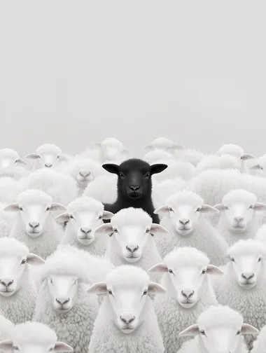 Surreal Contrast: A Black Lamb Amongst a Sea of White Sheep Surreal Contrast: A Black Lamb Amongst a Sea of White Sheep
