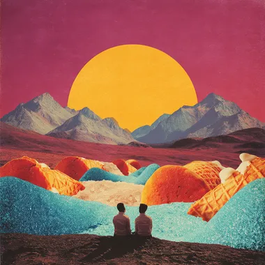 Surreal Desert Dreamscape with Twin Suns and Sweet Treats Surreal Desert Dreamscape with Twin Suns and Sweet Treats