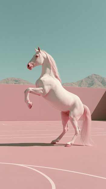 Surreal Elegance: Rearing Cream White Horse in Pastel Setting
