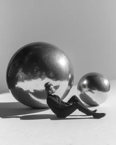 Surreal Embrace: Man Between Metallic Spheres Surreal Embrace: Man Between Metallic Spheres