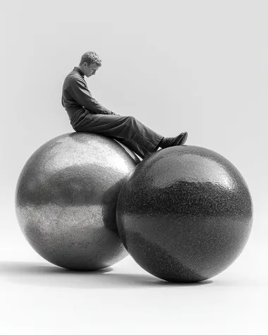 Surreal Embrace: Man between Metallic Spheres Surreal Embrace: Man between Metallic Spheres