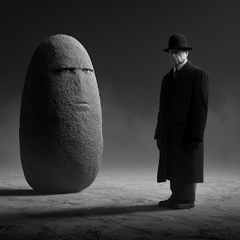 Surreal Encounter: Man and Stone Statue