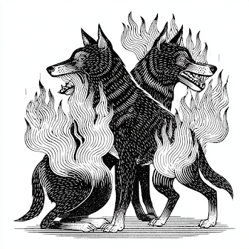Surreal Lineart of a Mutated Two-Headed Dog in Flames