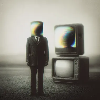 Surreal Man with TV Head in Retro 80s Sci-Fi Style Surreal Man with TV Head in Retro 80s Sci-Fi Style