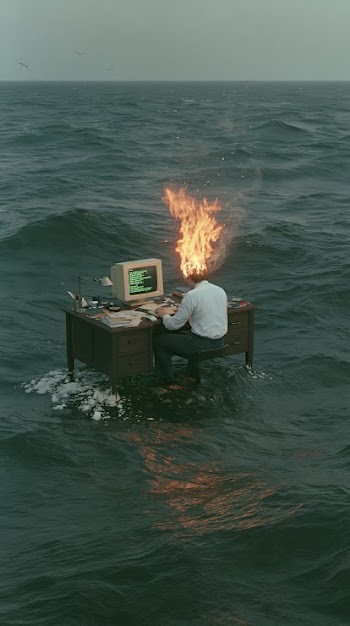 Surreal Office Scenery: Worker Surrounded by Ocean Flames
