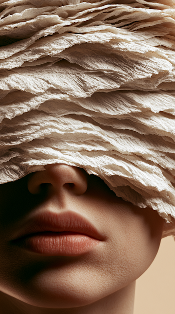 Surreal Organic Veil: Macro Portrait of a Woman's Face Concealed by Layered Fibrous Material