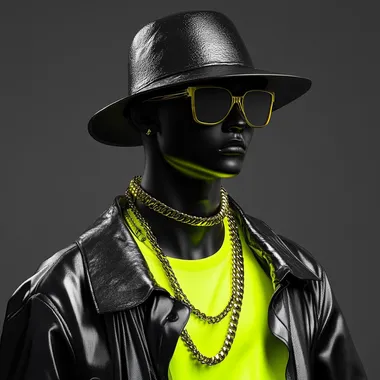 Surreal Portrait of a Faceless Figure in Black Hat and Neon Yellow Shirt