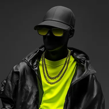 Surreal Portrait of a Faceless Man in Black Jacket, Neon Shirt, NYC