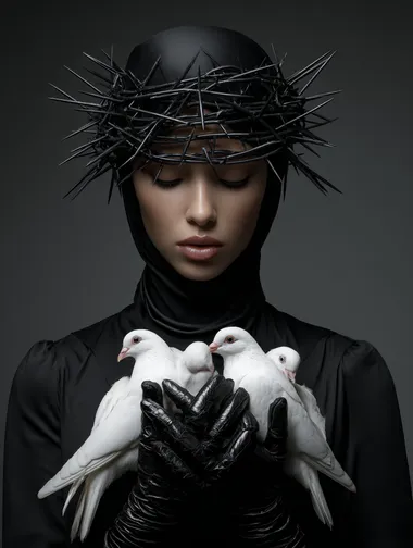 Surreal Portrait of a Man Holding White Birds with Thorn Crown