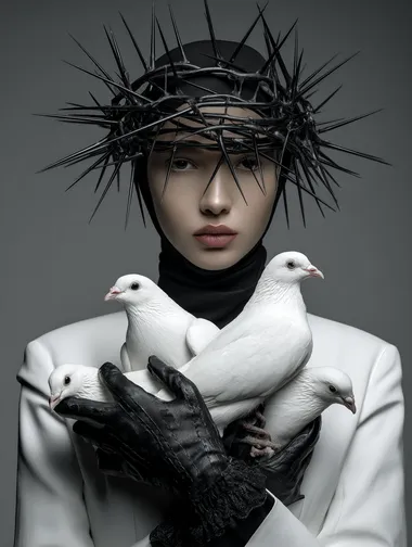 Surreal Portrait of a Man Holding White Birds with Thorned Crown