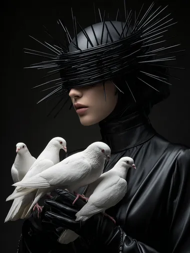 Surreal Portrait of a Man with Thorned Head Wearing Black Gloves Holding White Birds