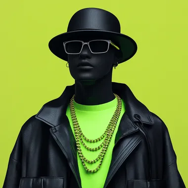 Surreal Portrait of a Mannequin in Black Jacket and Neon Green Shirt