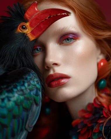 Surreal Portrait of a Red-Haired Girl with Knobbed Hornbill Surreal Portrait of a Red-Haired Girl with Knobbed Hornbill