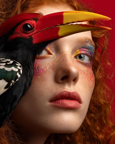 Surreal Portrait of a Red-Haired Girl with Knobbed Hornbill Surreal Portrait of a Red-Haired Girl with Knobbed Hornbill