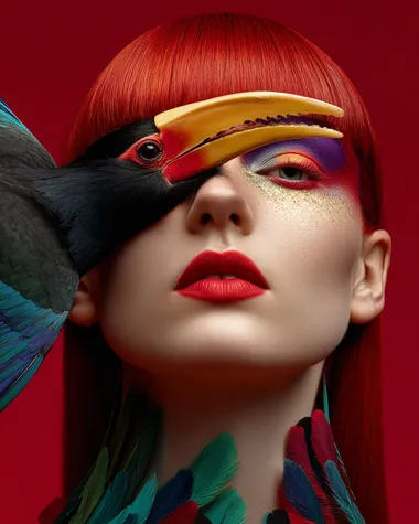 Surreal Portrait of a Red-Haired Model with a Knobbed Hornbill Surreal Portrait of a Red-Haired Model with a Knobbed Hornbill