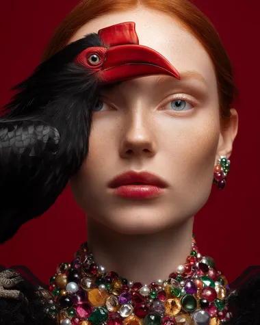 Surreal Portrait of a Red-Haired Model with Knobbed Hornbill Surreal Portrait of a Red-Haired Model with Knobbed Hornbill