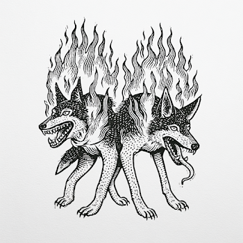 Surreal Punk Lineart: Mutated Burning Two-Headed Dog