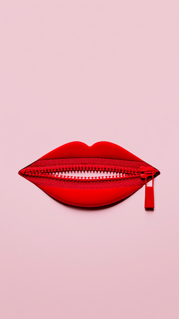 Surreal Red Zipper Lips on Pastel Pink Background