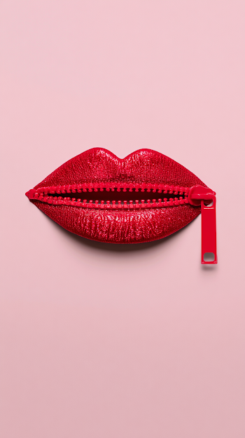 Surreal Red Zipper Lips on Pastel Pink Background