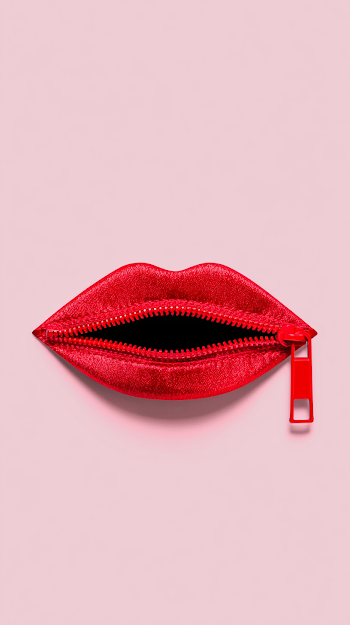 Surreal Red Zipper Lips on Pastel Pink Background