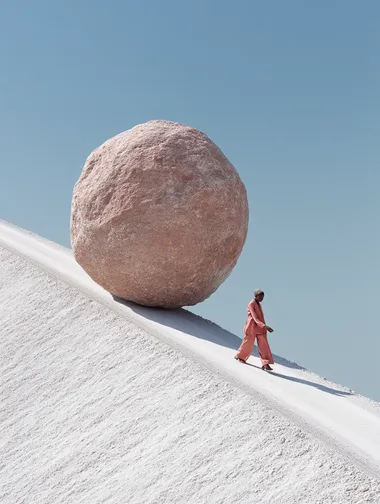 Surrealist Fashion Photography of a Woman with a Salmon-Coloured Boulder Surrealist Fashion Photography of a Woman with a Salmon-Coloured Boulder