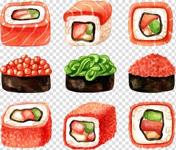 Sushi Japanese Cuisine Sashimi Illustration, color hand-painted Sushi transparent background PNG clipart