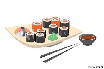 Sushi roll on the plate with wasabi and black chopstick