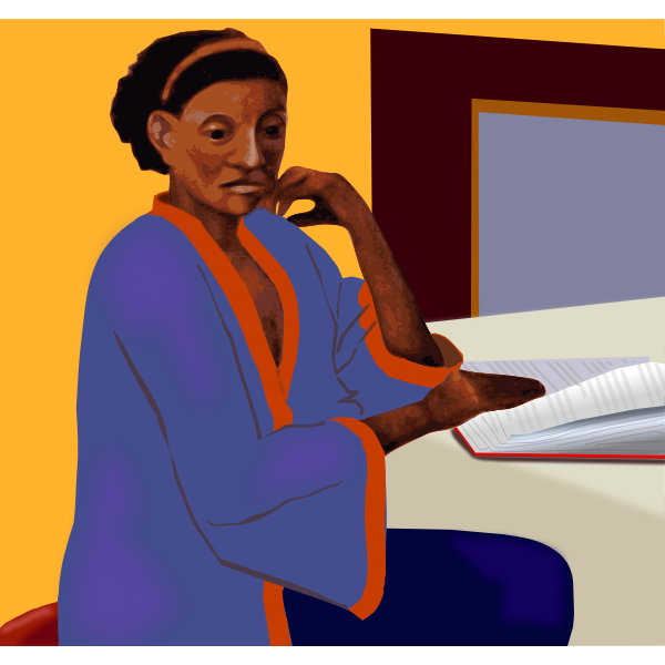 SVG Afro-American lady reading a book at a table vector clip art