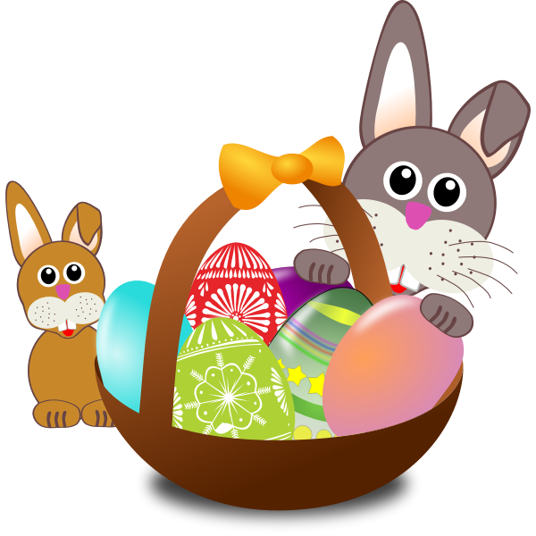 SVG Baby rabbit and a bunny behind Easter egg basket vector illustration